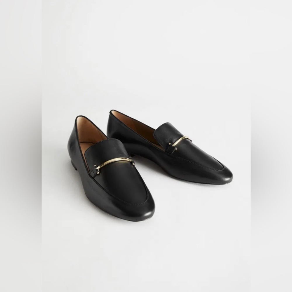 & Other Stories Black Leather Loafers with Gold Bar